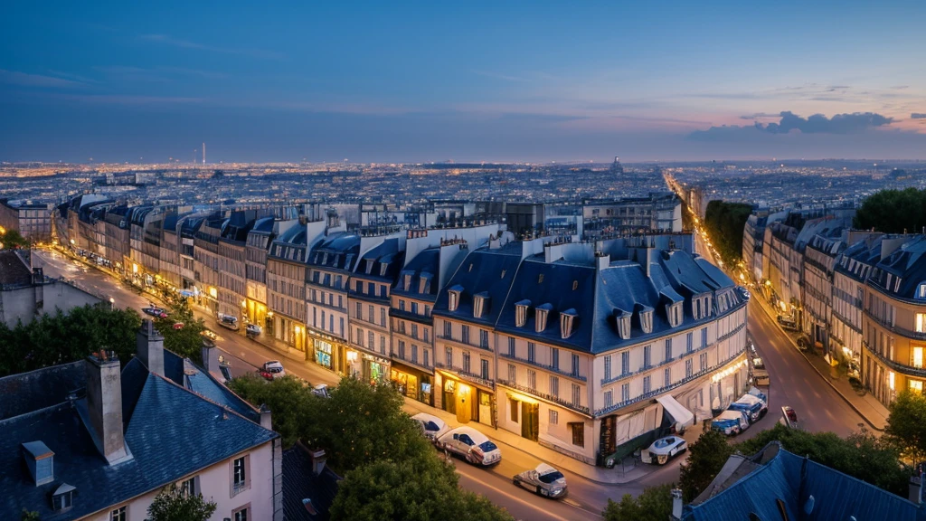 Beautiful little French house on top of a mountain with night view of Paris in the background.