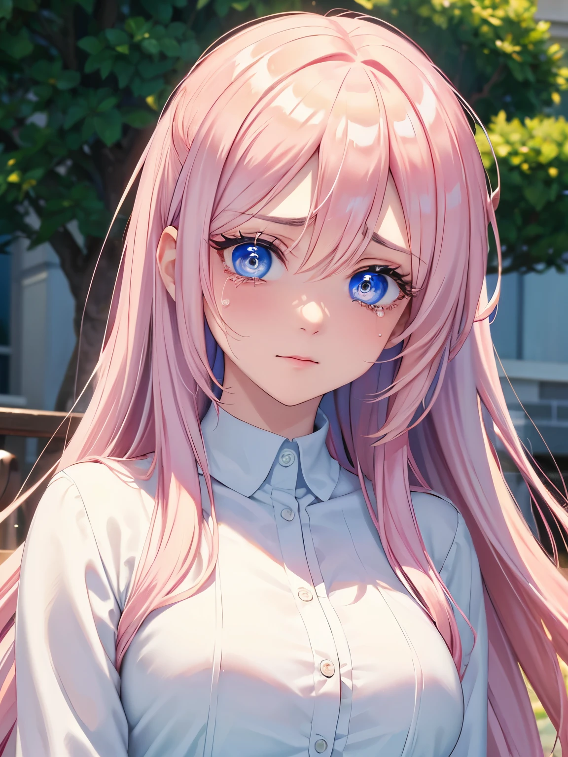1woman,blue eyes,Sad expression, crying, tears coming out, Beautiful makeup, long eyelashes,early in the morning,stunning,half body photo, very detailed face,cute,,HD face, perfect face,Short white dress, pink cardigan,very big breasts,Blonde hair,blonde hair,bangs,long hair, straight hair,ultra detail,ultra Hd, masterpiece,4k
