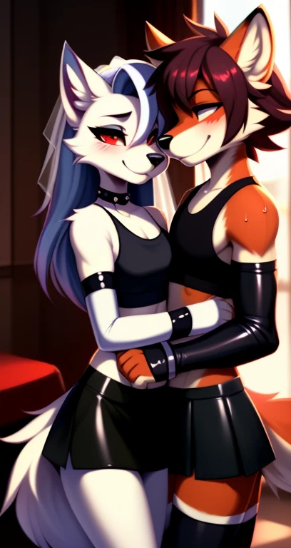 (best quality, high res, masterpiece:1.2),ultra-detailed, foxy girl, black hair with cyan highlights, detailed fox snout, distinct fox ears, vibrant orange fur, edgy punk hairstyle, gothic attire, exposed breasts, well-defined abdominal muscles, ((hard reverse cowgirl sex with a charming fox boy)), electric colors, brooding lighting, fucking like animals