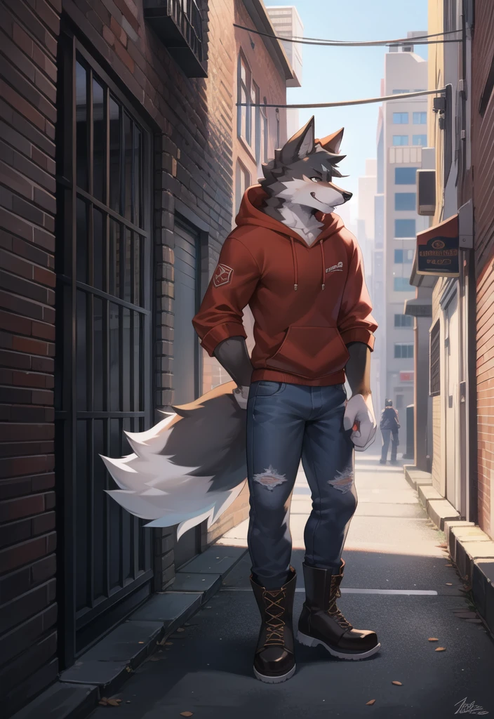 (Wolf, furry, anthropomorphic), male, standing in alleyway, city background, outside, wearing jeans wearing red hoodie, Furry art, Fur on arms, big Floofy tail, fur on legs, (Black Fur covering whole body, Best quality, human like body figure), Noon, wearing white hat, wearing boots