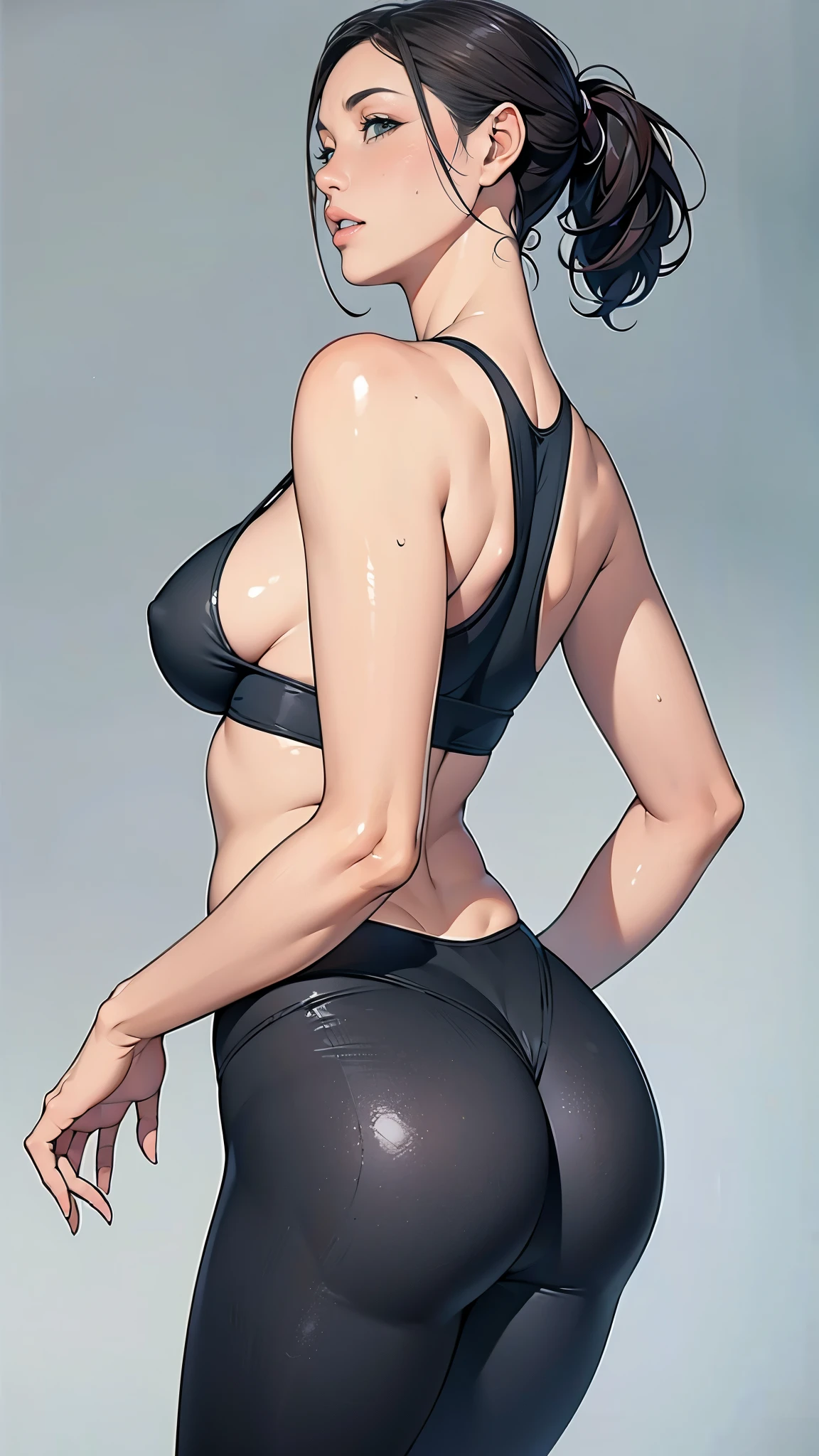 (masterpiece:1.2, highest quality), (Realistic, photoRealistic:1.4),8K,wallpaper,1 female,Mature Woman,50 years old,(A small, form-fitting sports bra),(Leggings that stick to the body),((Polyester leggings)),(Green park in the background),(((Background Blur))),(((leggings))),(((betterhand))),Random hairstyle,Random pose,Back view