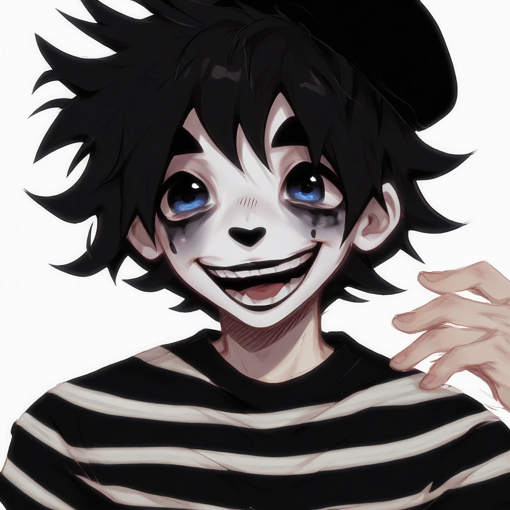 boy mime, shirt grunge, sketchy lines, messy hair, black hair, wearing a beret, score_8_up, score_9_up,happy, has mime makeup on, wearing a mime outfit, dark blue eyes,