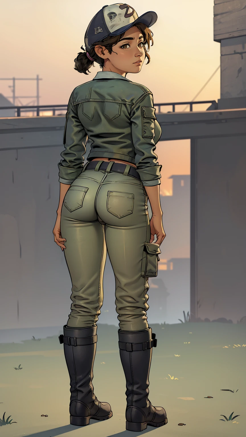 ((masterpiece, best quality)),(complex lighting) ,solo,(((1girl))) ,clementine, light skin,light-skinned female, baseball cap, green cargo pants, brown eyes, tight pants, combat boots, shirt, short hair, one short ponytail, open denim jacket, huge butt, thicc butt , (((8k))), (((full body))), (((looking at the viewer))), (((bent over))), (((butt visible))), cameltoe