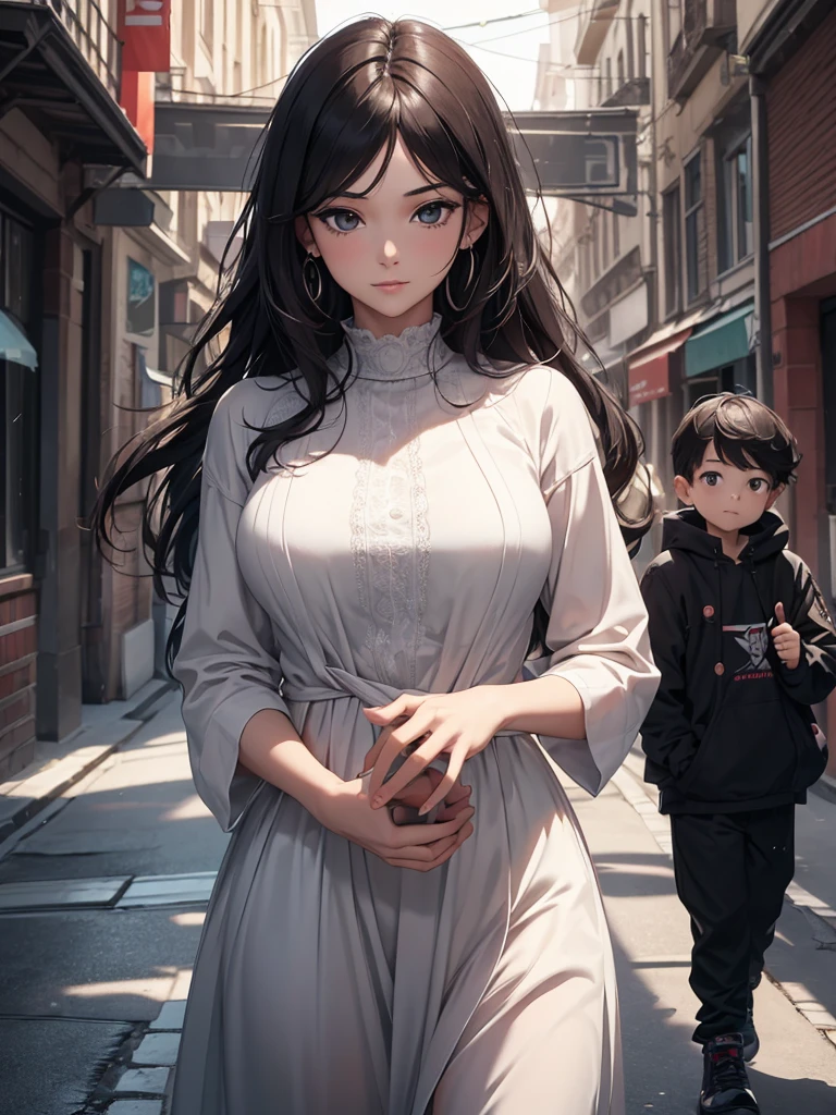 (8K, Best Quality, Masterpiece, Ultra High Resolution) Woman with 2 children, woman has dark hair, young son has white hair, baby has black hair