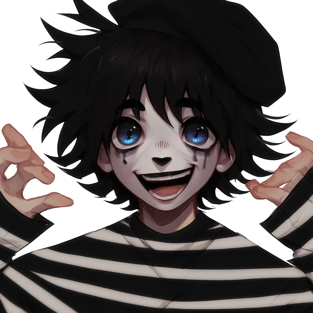 boy mime, shirt grunge, sketchy lines, messy hair, black hair, wearing a beret, score_8_up, score_9_up,happy, has mime makeup on, wearing a mime outfit, dark blue eyes,