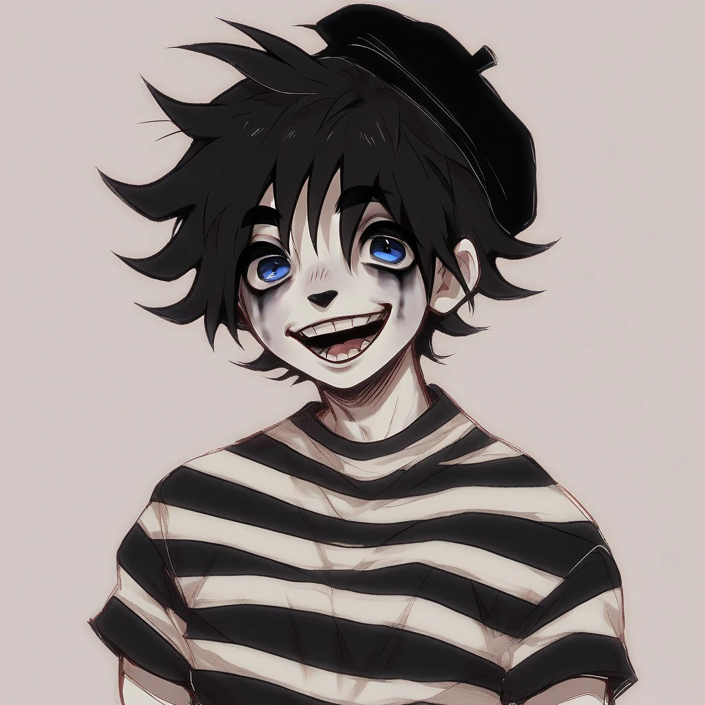 boy mime, shirt grunge, sketchy lines, messy hair, black hair, wearing a beret, score_8_up, score_9_up,happy, has mime makeup on, wearing a mime outfit, dark blue eyes,
