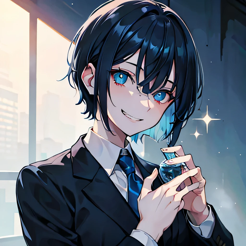 one，Short dark blue ear-length hair，Ice blue pupils，There is a glimmer of gold in the eyes，Dangerous creepy smile，Suits