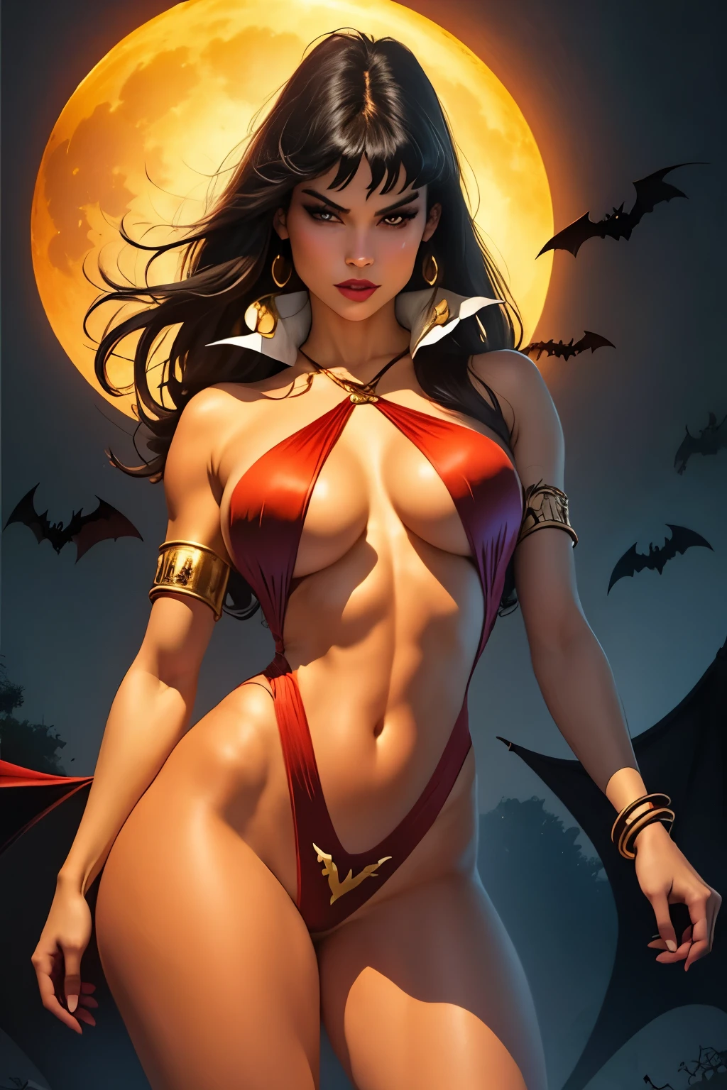 sexy vampirella wearing a deep V red swimsuit, ((Full moon and bats background)) , oily shiny skin, red eyes, hot and fit body, naughty, slutty, camel toes , detailed eyes,  flirty, sexy, naughty, large perky , realistic, HDR, UHD, dynamic, front view, dark outside. moonlight, glowing red eyes