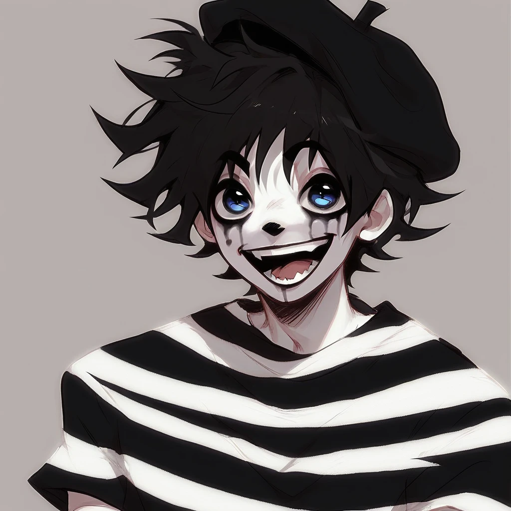 boy mime, shirt grunge, sketchy lines, messy hair, black hair, wearing a beret, score_8_up, score_9_up,happy, has mime makeup on, wearing a mime outfit, dark blue eyes, 