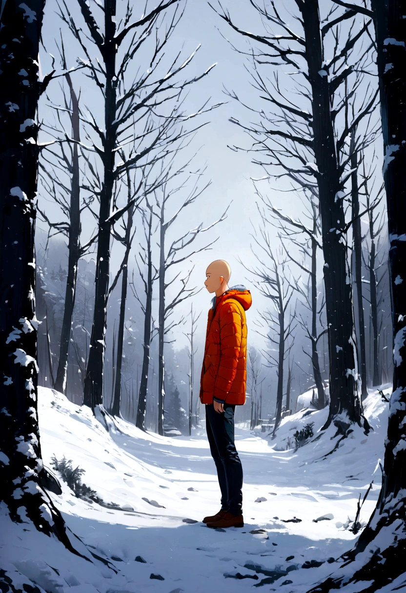 saitama (One Punch Man) Standing in a winter landscape