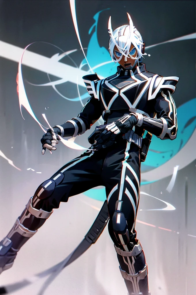 Young adult, Male, white hair, blue Eyes, African American skin color, black jumpsuit, headphones, Armed.