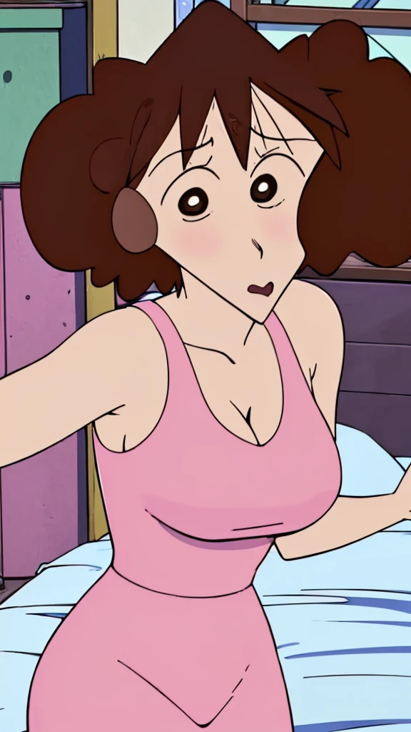 Misae Nohara,(Mature Woman:1.8),(absurderes, 8K, 4K, masutepiece, hyper extreme detailed:1.2), Best Quality, Perfect Anatomy,Perfect face,Facing forward, on bed, wearing pink nightdress, cleavage, erotic, seduced, straight hair,