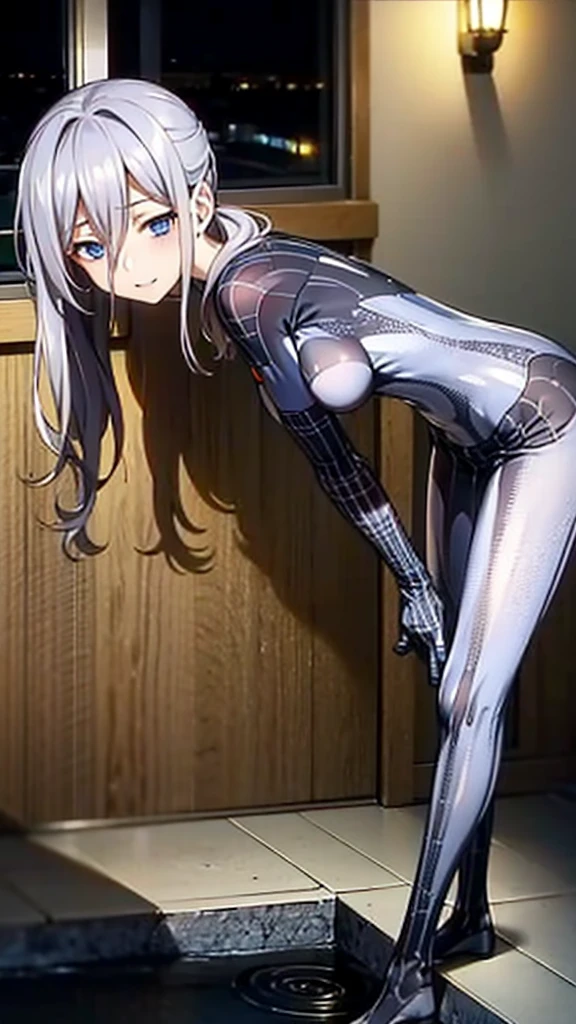 masterpiece, highest quality, 8k, High resolution, One girl,reina murasame, long hair, blue eyes, grey hair, side ponytail,night, Captivating smile,Beautiful and detailed body,fine grain,classroom,Table Sex,Groin friction,Masturbation,A puddle of pussy juice,From below,Moaning,close your eyes,Open your mouth,arm_support,(Leaning forward:1.5),