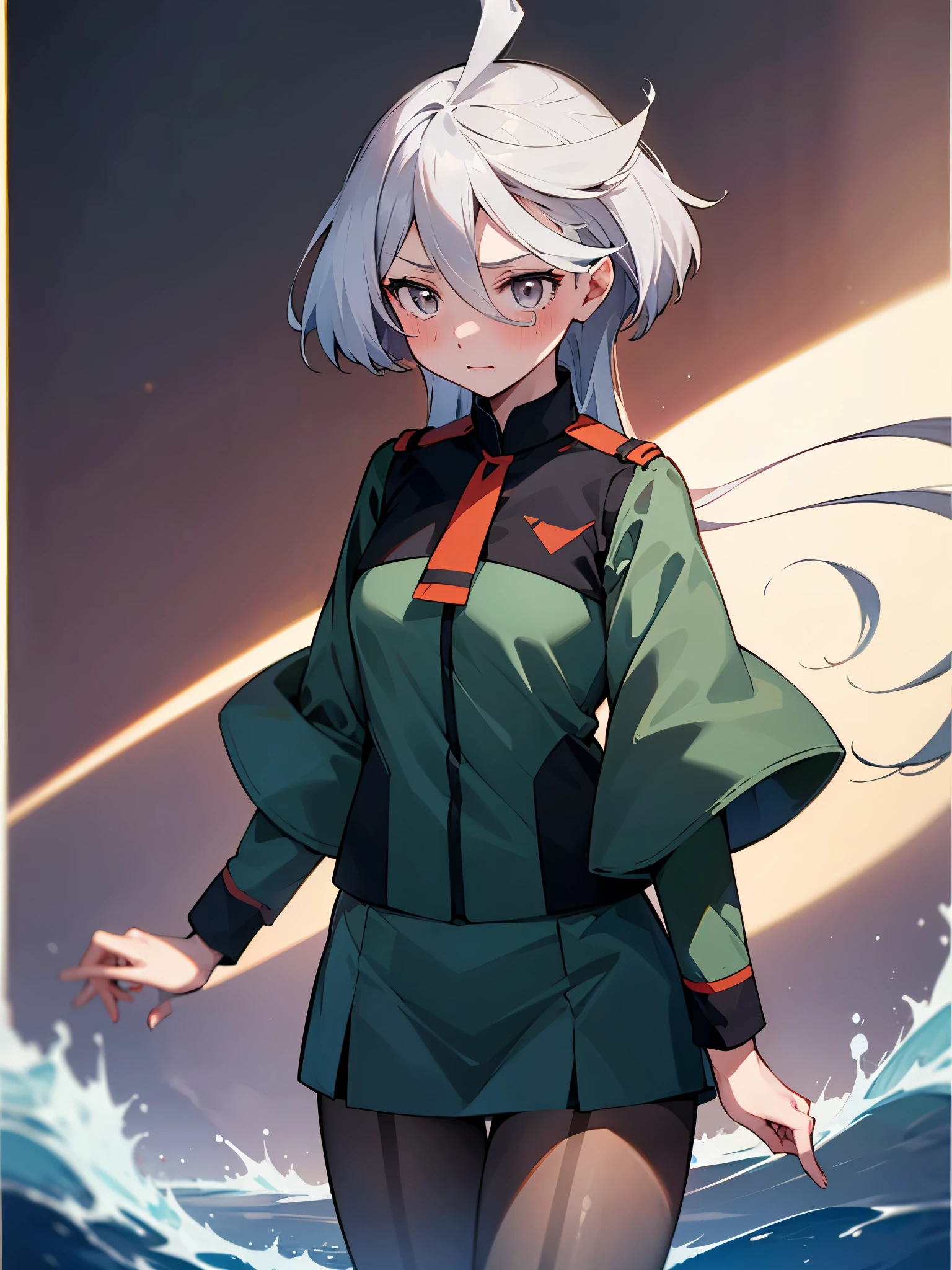 NSFW,(One girl:1.5),miorine1、miorine rembran、Asticasia uniform、solo、Long Hair、Grey Eyes、Grey Hair、Ahoge、Seamed legwear、green micro mini skirt、tie、bangs、Hair between the eyes、Black Pantyhose、Long sleeve、Green jacket、Floating Hair、赤いtie,(Perfect hands),(Perfect Anatomy),(masterpiece),(highest quality),Embarrassed,blush,meeting