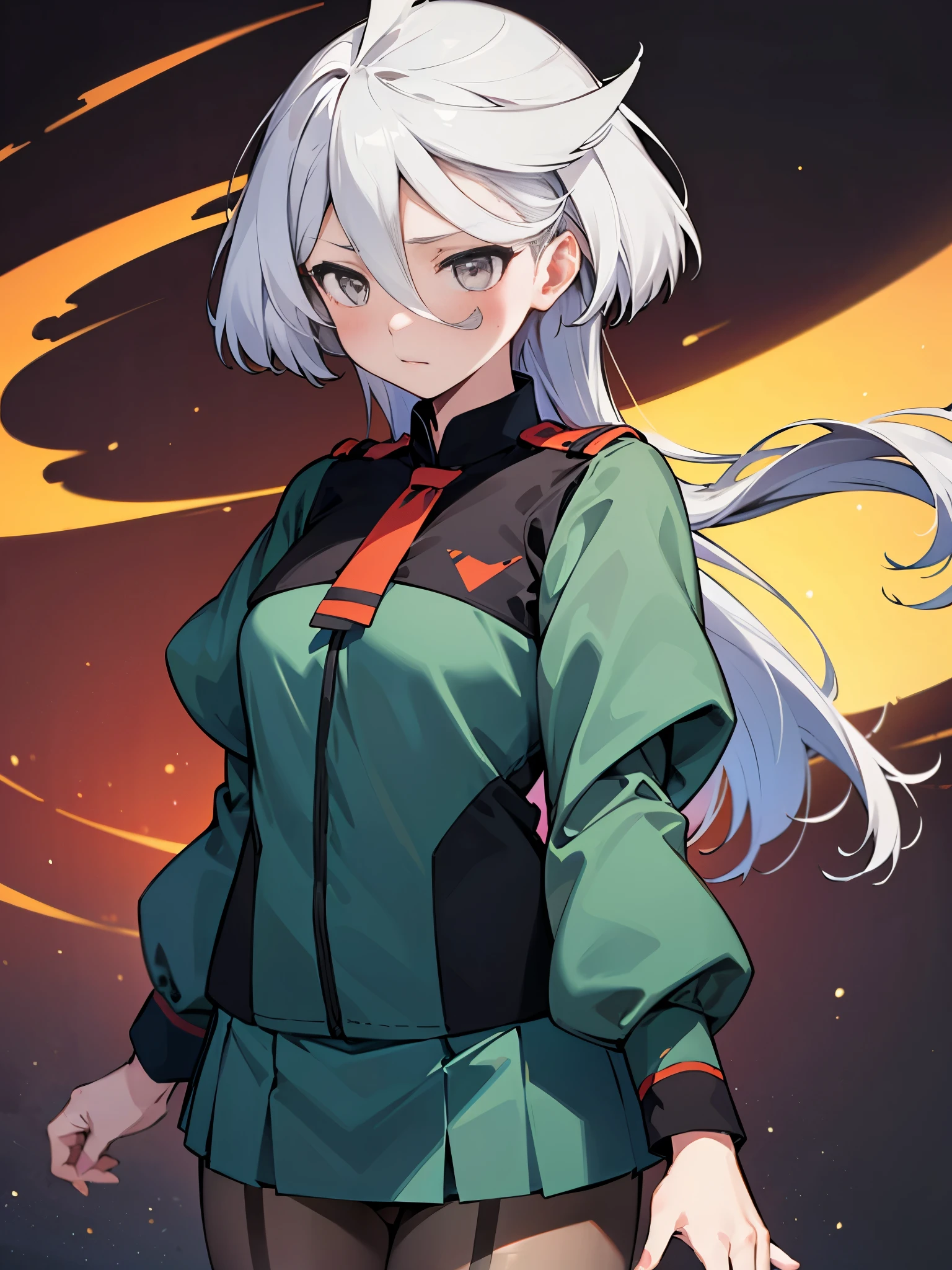 NSFW,(One girl:1.5),miorine1、miorine rembran、Asticasia uniform、solo、Long Hair、Grey Eyes、Grey Hair、Ahoge、Seamed legwear、green micro mini skirt、tie、bangs、Hair between the eyes、Black Pantyhose、Long sleeve、Green jacket、Floating Hair、赤いtie,(Perfect hands),(Perfect Anatomy),(masterpiece),(highest quality),Embarrassed,blush,meeting