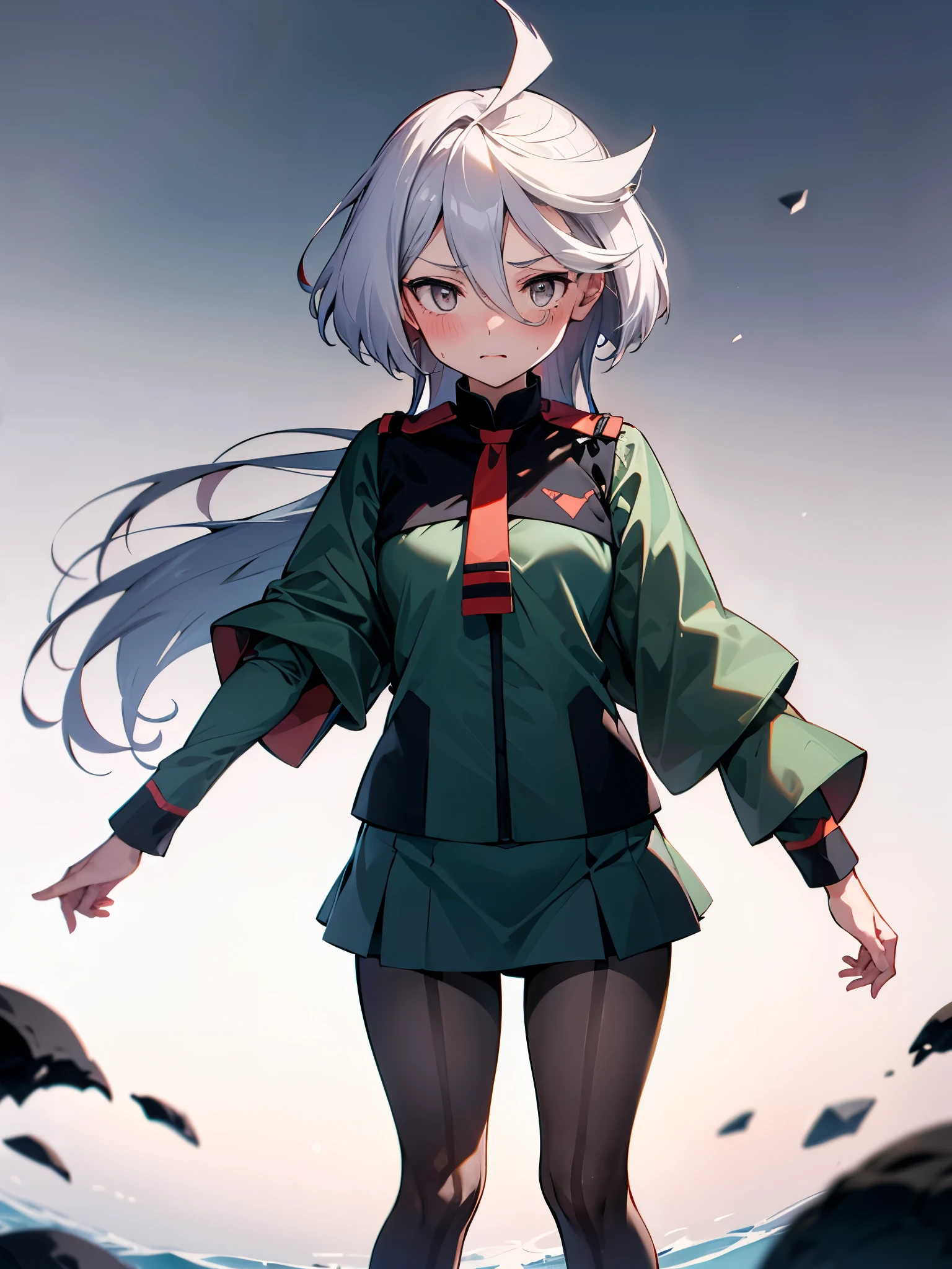 masterpiece, best quality, highres, miorine1, 1girl, miorine rembran, asticassia school uniform, solo, long hair, grey eyes, grey hair, ahoge, seamed legwear, green shorts, necktie, bangs, hair between eyes, black pantyhose, long sleeves, green jacket, floating hair, red necktie, outdoors, chair, sitting, crossed legs, smile, (gundam:1.2),