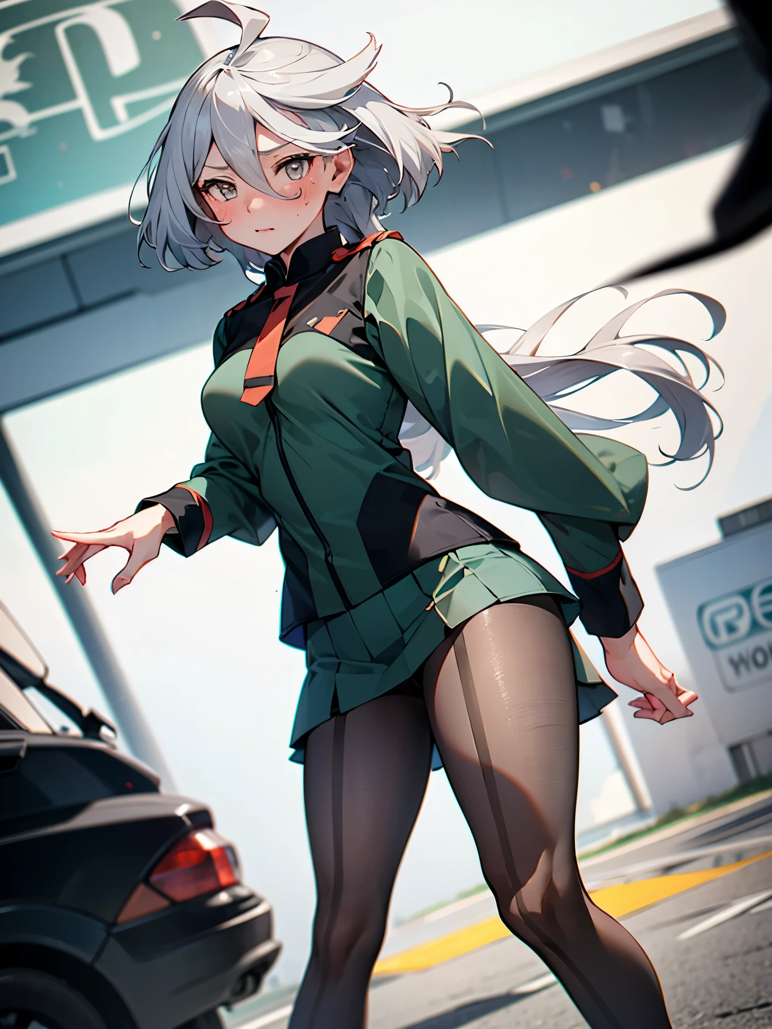 NSFW,(One girl:1.5),miorine1、miorine rembran、Asticasia uniform、solo、Long Hair、Grey Eyes、Grey Hair、Ahoge、Seamed legwear、green micro mini skirt、tie、bangs、Hair between the eyes、Black Pantyhose、Long sleeve、Green jacket、Floating Hair、赤いtie,(Perfect hands),(Perfect ???????),(masterpiece),(highest quality),Embarrassed,blush,meeting