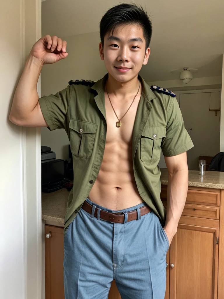 Andrew thomas huang, oval face, eyeglasses, neat muscular, green apron, posing, bedroom