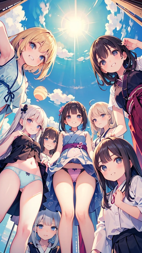 (((focus panties))), (I look up at the five girls from the ground.)、(Five girls are standing in a circle around me, looking down at me.)、circle、(seductive grin), (((5 giant girls)))、((angle from below)), 5 young face, (thighs), 5panties, belly button、(angle from under 5 girls),baby face,mesugaki,Yukata, Sleeveless,