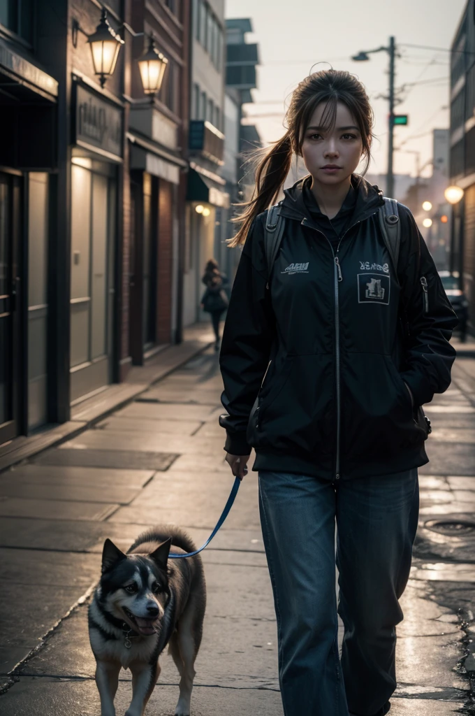 a pretty girl walking with your dog, high detail, cinematic lighting, 8k, best quality