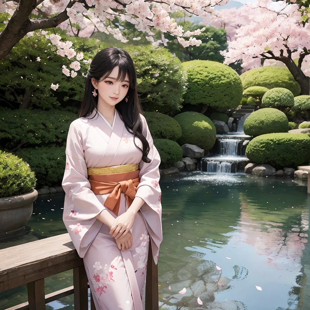 A stunningly beautiful Japanese girl stands gracefully in a tranquil Japanese garden, her long, silky black hair flowing elegantly down to her waist. She is adorned in a luxurious orange kimono, intricately decorated with delicate floral patterns and shimmering gold embroidery that catches the light with every subtle movement. The kimono's vibrant hue contrasts beautifully with the lush greenery and delicate pink cherry blossoms that frame the sceneHer delicate porcelain skin glows with a soft, natural radiance, highlighting her serene and captivating features. Her almond-shaped eyes, deep and expressive, are framed by long, dark lashes and subtly accented by a hint of traditional makeup, reflecting both mystery and serenity. Her lips, a soft shade of pink, are slightly parted in a gentle, knowing smile that exudes grace and elegance.The garden around her is a haven of tranquility and beauty, with meticulously manicured bonsai trees, a gently flowing stream, and a quaint wooden bridge arching over the water. The air is filled with the sweet scent of cherry blossoms in full bloom, their petals drifting softly to the ground like a delicate pink snowfall.The scene is rendered in breathtakingly realistic 4K (or 8K) resolution, capturing every exquisite detail with stunning clarity. The texture of the kimono fabric, the intricate embroidery, and the natural beauty of her serene expression are all depicted with lifelike precision. The soft glow of her flawless skin, the delicate play of light and shadow, and the vibrant colors of the garden create a harmonious and captivating visual experience.In this serene and timeless setting, the beautiful Japanese girl embodies the essence of traditional elegance and cultural heritage, inviting the viewer to lose themselves in the enchanting world of Japanese beauty and artistry."
