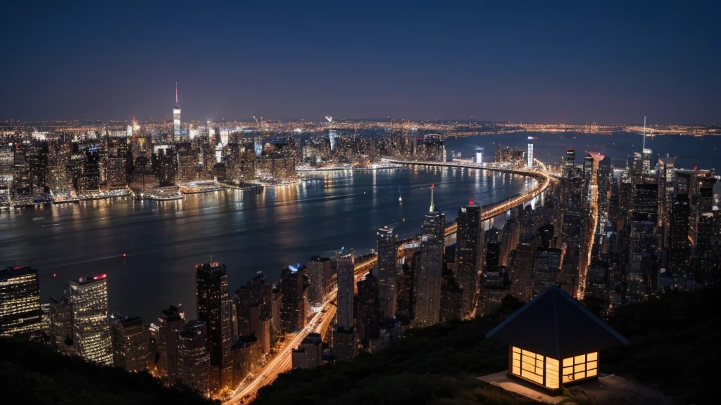 A small house on top of a mountain with the New York night skyline in the background.