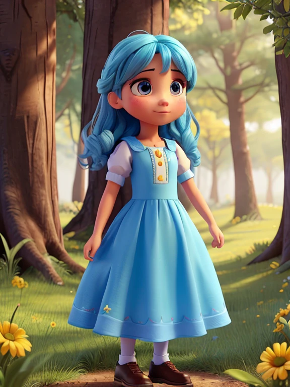 Haz a emocioncita amarrilo : con vestido amarillo y pelo amarillo y a emocioncita de color azul : with blue dress and blue hair in the magical forest
