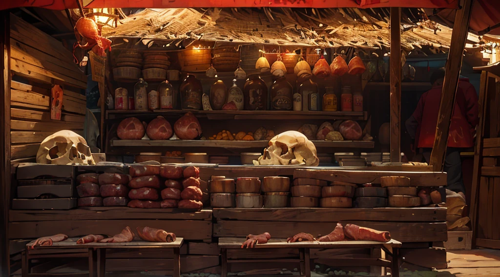 canibal market, market tents, they sell human skulls, human hand and feet, human flesh, meats, super big jars filled with eyeballs and bloody human internal organs, (on a wooden table), only one lamp, dawn time, dark morning, thatched roof,