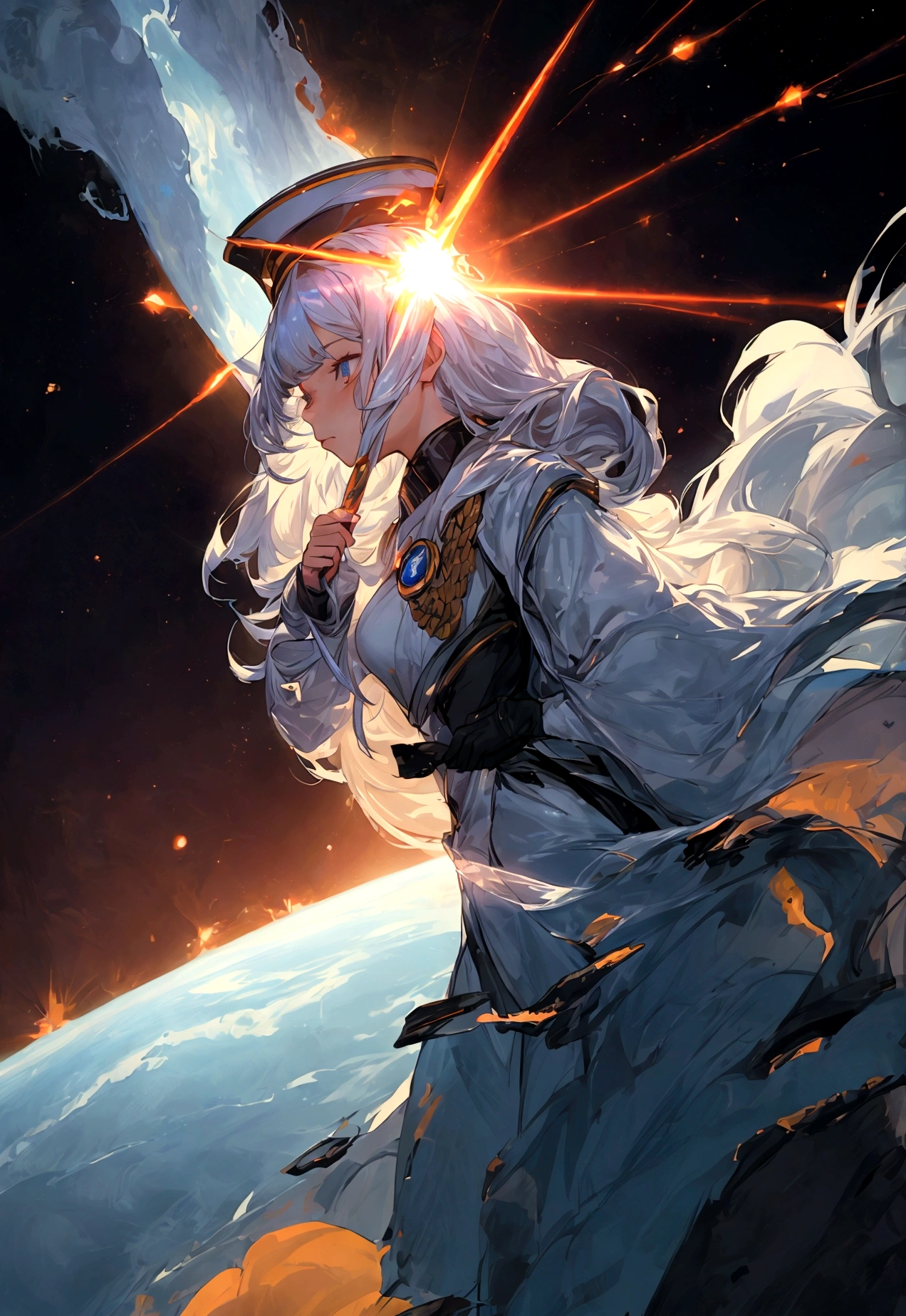 Picture a scene steeped in the depths of space science fiction warfare, where a female commander emerges as the embodiment of resilience and command. Her presence is striking, with white hair that cascades like a cosmic waterfall, tinged with a subtle shade of glowing blue, reminiscent of the distant nebulas. She stands boldly in the midst of an burned interstellar conflict to punish the wicked, her advanced space uniform pristine and decorated with the emblems of her esteemed position as a commander. The commander’s hat she wears is not just a piece of attire but a symbol of her earned authority. Clutched in her grasp is a mystical sword, its blade alight with an ethereal flame that whispers of ancient power and forgotten lore. As she raises the sword, it seems to resonate with the energy of the cosmos itself. Behind her, the theater of war is set against the breathtaking backdrop of a contact binary star system, its twin suns weaving a dance of light spark and gravity that illuminates the void. Their connection forges a radiant arc across the sky, a bridge between worlds and a beacon in the tumultuous dark. This image seeks to capture the commander’s indomitable spirit, the fierce beauty of her unique appearance, and the grandeur of the universe that serves as the stage for this epic saga