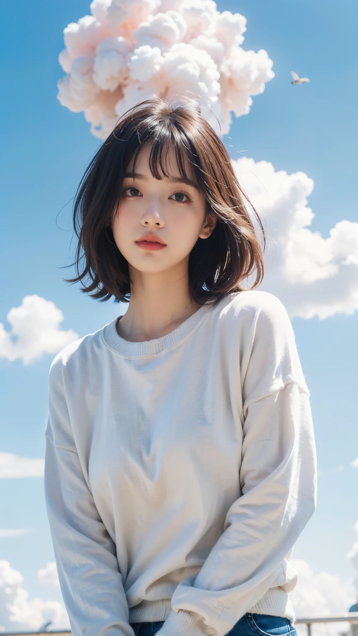 (best quality,4K,8K,high resolution,masterpiece:1.2), The girl in the clouds has hair as fluffy as a cloud.,bird overhead,Soft sweater,starlet, Fantasy Illustration, color of dreams, children'illustration style.bright colors