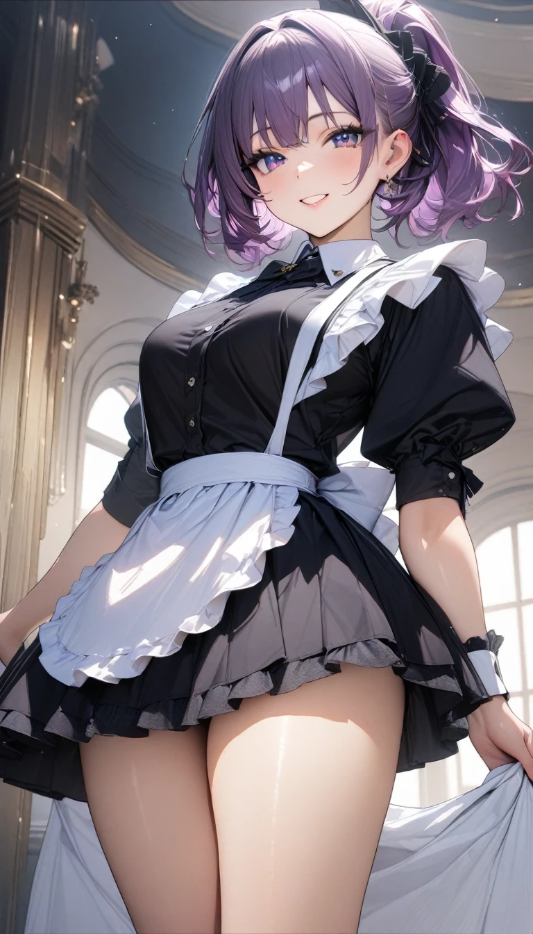 ((最high quality, 8k, masterpiece)), High resolution、(high quality: 1.5)、Very detailed、Detailed face、Bright colors、Natural light、Fine grain、Colorful eyes、Beautiful Face、非常にDetailed faceのテクスチャの女性,masterpiece, 最high quality, Detailed and beautiful eyes,最high quality、Best image quality、masterpiece、Mr.々Hairstyle,girl,(Purple Hair),Just beautiful、smile,From below,masterpiece、最high quality、so beautiful、High resolution,(Rich:1.3),(noble:1.3),1 person,Thighs,(Maid:1.3),clear,make,(nobleの館:1.3),(smile)、smile,(masterpiece:1.2)、(最high quality:1.2)、Latest Glossy Skin