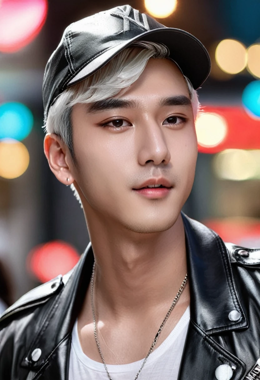 Handsome young man wearing a leather jacket, wearing a cap, with silver hair, holding ice cream, silver messy hair, handsome, (8k, RAW photo, photorealistic:1.25) ,( lipgloss, eyelashes, man, gloss-face, glossy skin, dark skin, dark snik, male, best quality, ultra highres, young man, depth of field, chromatic aberration, caustics, Broad lighting, natural shading,Kpop idol) looking at viewer with a serene and god-like happiness,