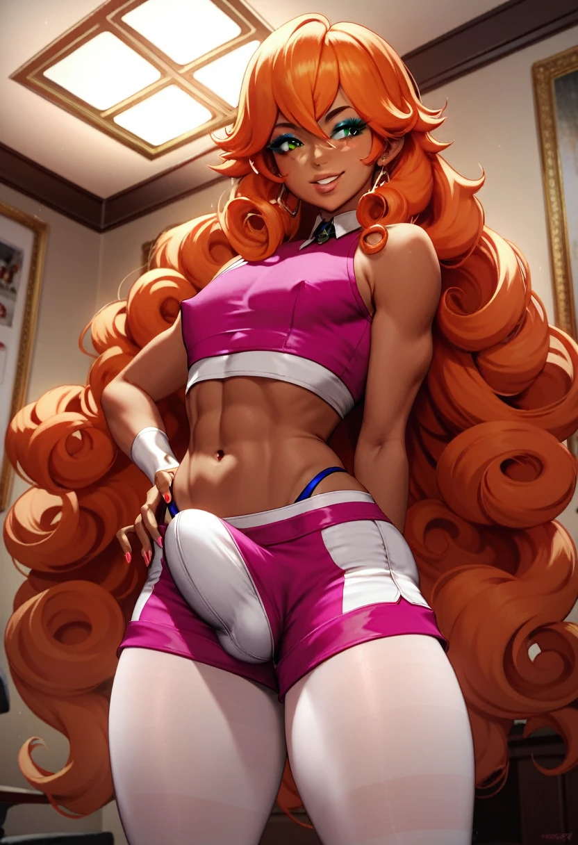 1boy,femboy,tall, very long Orange hair,long curls,elbow length Orange curls hair,tanned skin,6'2" inch tall,green eyes, feminine face, makeup,prominent lips, feminine body,round butt, sexy, smile,confident,pink crop top,Spandex shorts, highly detailed, pantyhose, thong,looking to camera, standing, luxurious room,sexy pose,Big dick,Big bulge,longer curly hair, red and white shorts,Big manhood, bigger dick,bigger cock,bigger balls,detailed face, detailed hair,detailed crotch,4K, Masterpiece, absurdres,hi res,detailed skin, Big erect Cock under shorts, tigth shorts, aroused,both arms on hips,longer hair,bigger balls,bigger cock, thick Cock, large balls,Cock under shorts, Cock strains against his shorts,Cock almost spills out of shorts,add a woman in Office clothes,1girl