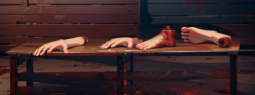 canibal market, cutted human feet and hands, mutilated hands and feet on the wooden table, blood, human flesh, early morning time