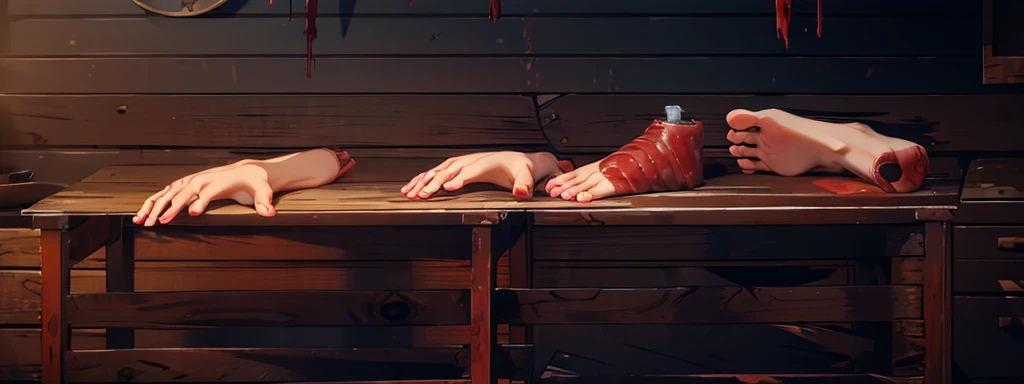 canibal market, cutted human feet and hands, mutilated hands and feet on the wooden table, blood, human flesh, early morning time