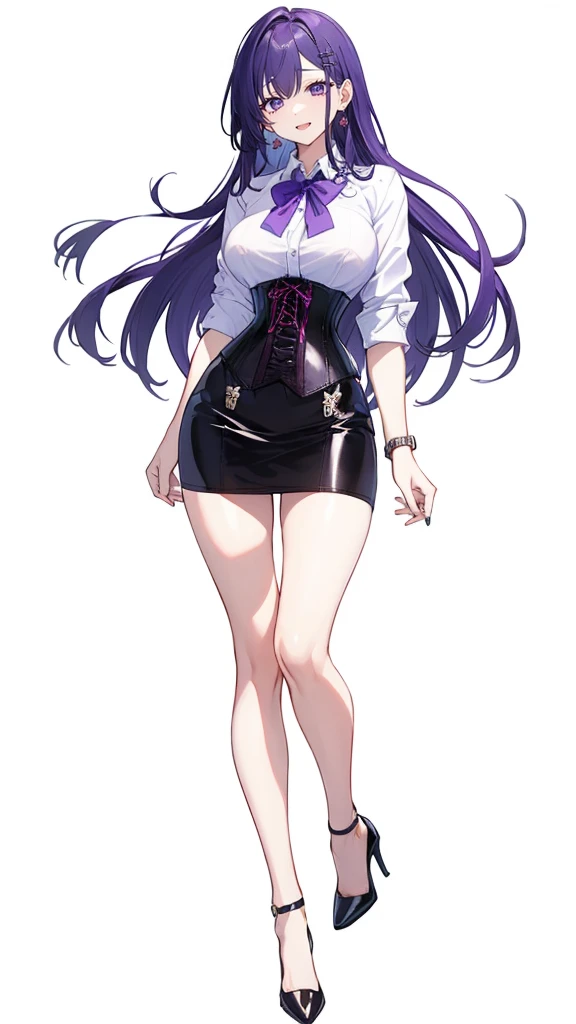 Purple hair,long hair,Adult female,((Rolling up your sleeves shirt)),Open chest,(Corset),(Tight skirt),(high heels),((Simple White background)),Smile,((Full body)),((whole body)),Character Sheet,