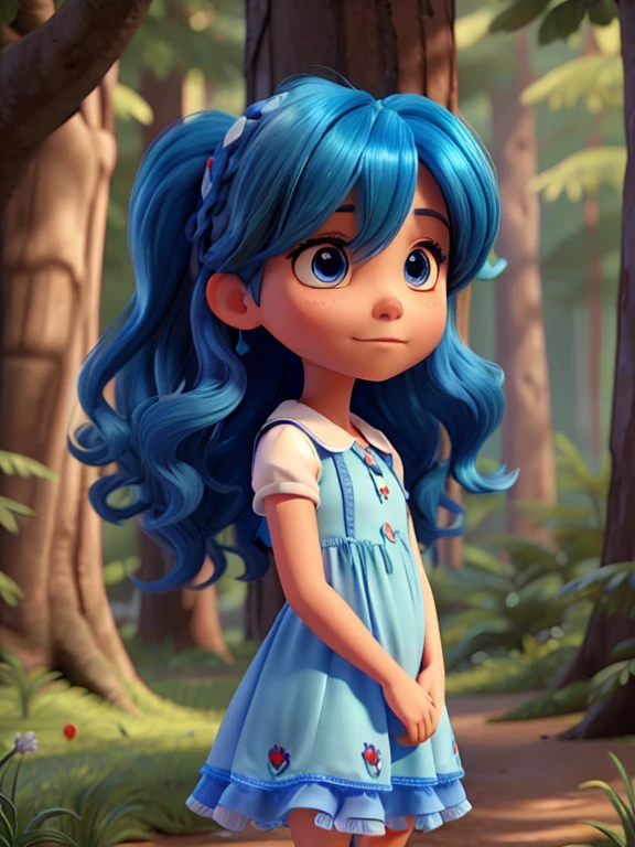 Haz a emocioncita con cabello azul corto azul , and blue dress in the magical forest