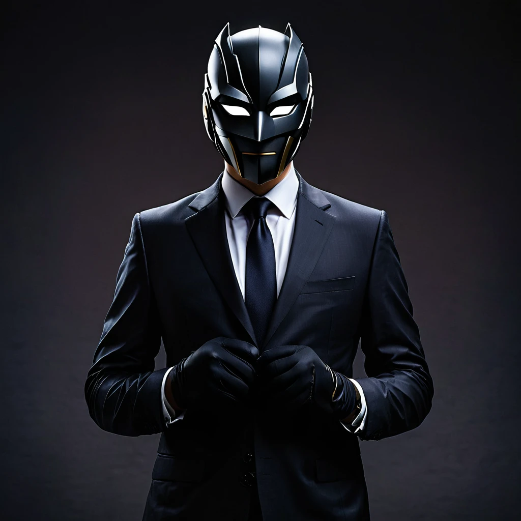 A man stands against a dark background, wearing a mask that covers his entire face except for the eyes and mouth. He holds the mask in place with both hands, which are clad in black gloves. The man's attire is formal, consisting of a suit and tie, suggesting a professional or dramatic context.