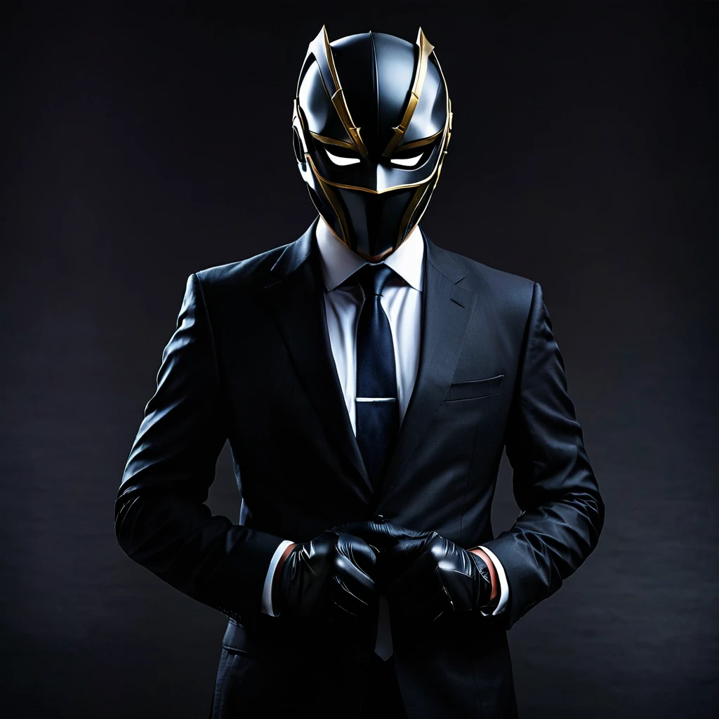 A man stands against a dark background, wearing a mask that covers his entire face except for the eyes and mouth. He holds the mask in place with both hands, which are clad in black gloves. The man's attire is formal, consisting of a suit and tie, suggesting a professional or dramatic context.