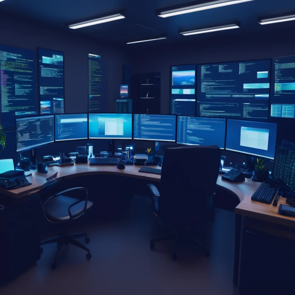 room full of computer screens in an office that all say "Click To Refresh". dark cluttered Office environment.