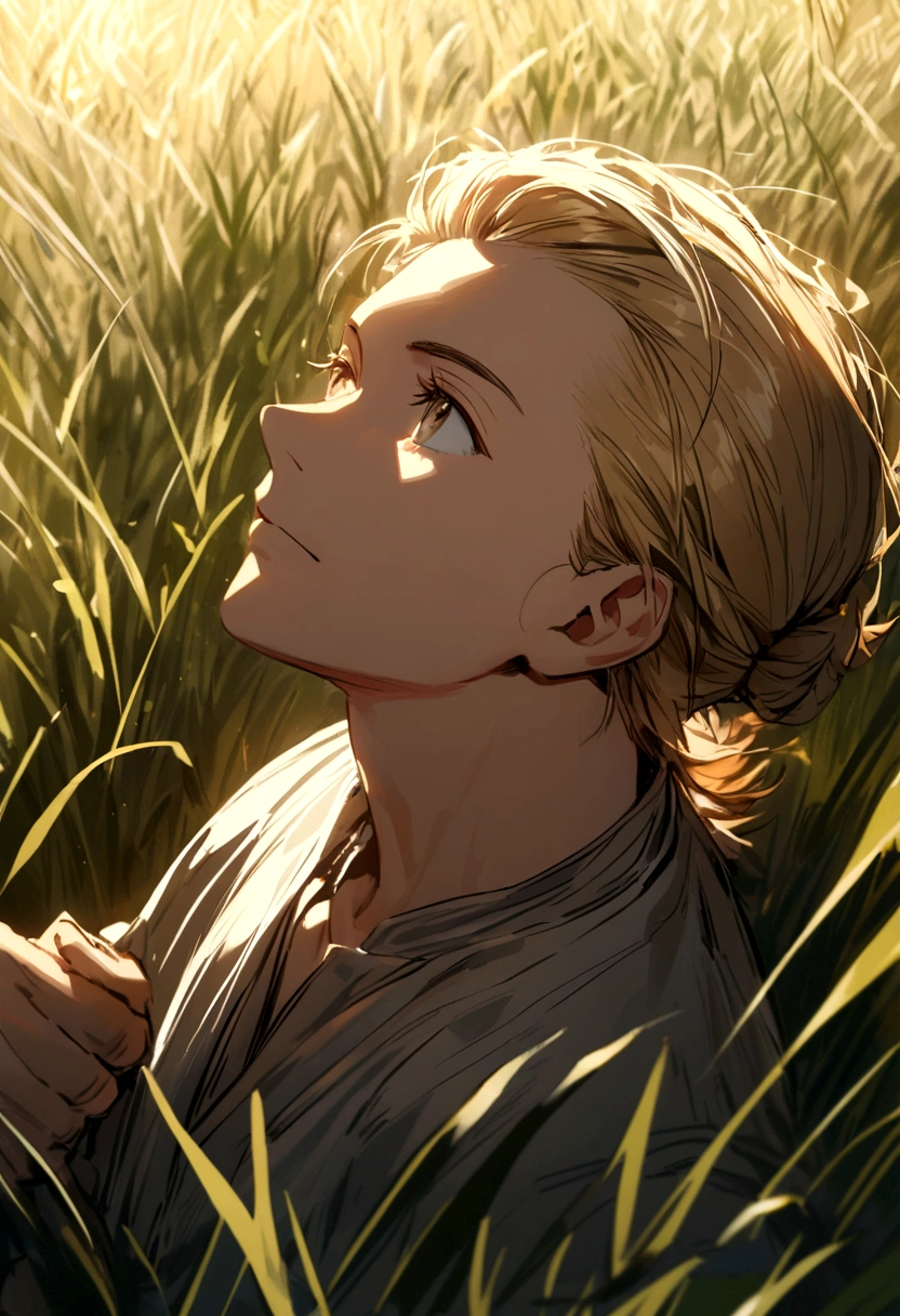 A warrior holding a sword in his right hand, slicked back blonde hair, looking up, in an open field with grass.