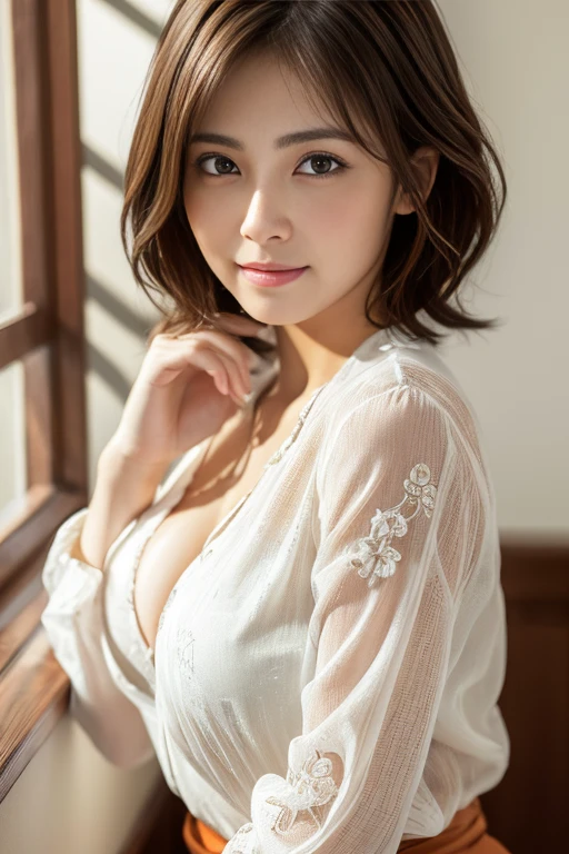 (RAW Photos), (Realistic), (masterpiece), (highest quality), High resolution, 8K resolution, (Intricate details), (Volumetric Light), Portraiture, woman,, short hair, Straight hair, Layered Hair, Brown haired, Highly detailed eyes, Source order, Very thin eyebrows, Highly detailed skin, Highly detailed mouth, Highly detailed nose, Cute like an idol, smile, ((Thick lips)), ((Look at the viewers)), (Elegant blouse)、Cleavage、Cleavage、The color of the clothes is up to you、The color of the underwear is see-through orange、