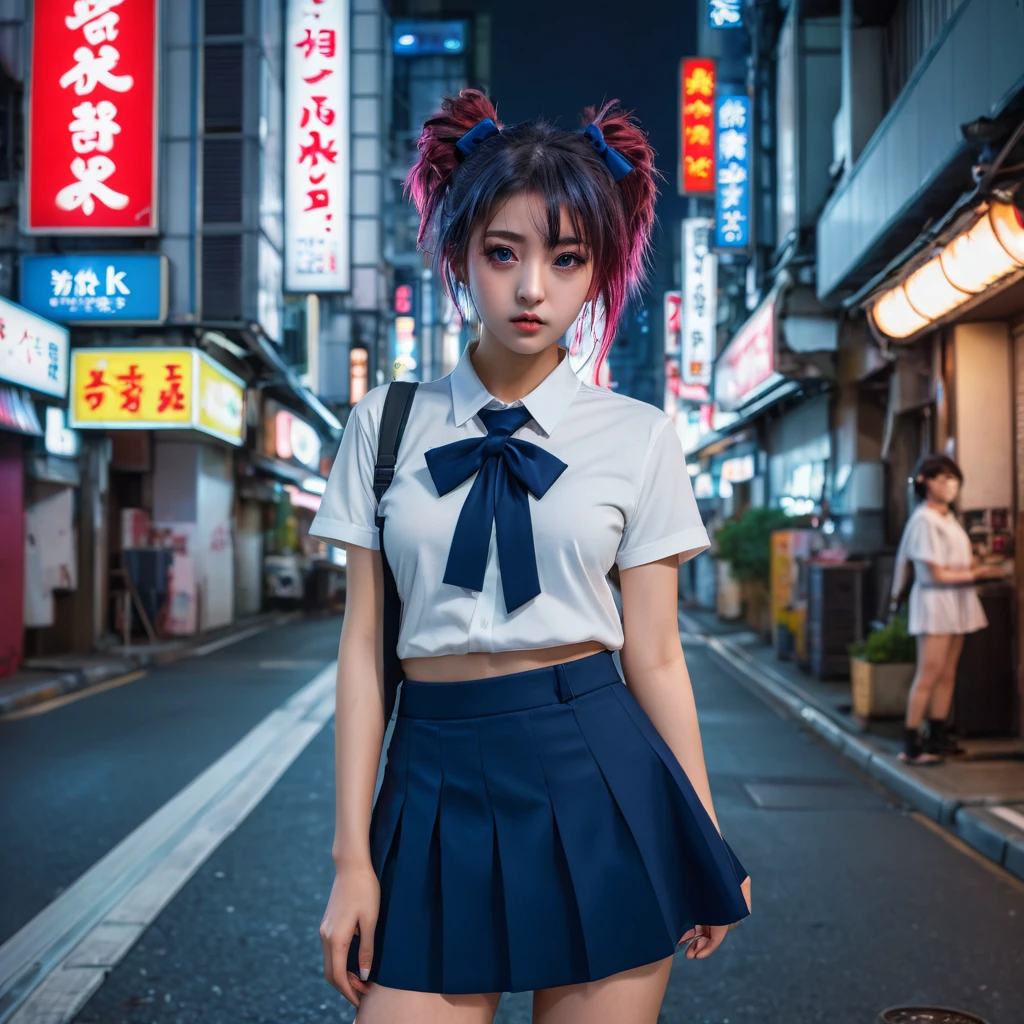 (8k, RAW photo, masterpiece:1.3), (realistic, photo-realistic:1.37), (night), (looking at viewer:1.331), (bloody hair), posing, Tokyo street, nightcityscape, cyberpunk city, soft light, 1girl, extremely beautiful face, bust, put down hands, Random hairstyle, Random expression, big eyes, lower abdomen, (short-sleeved .JK_shirt), JK_style, (dark blue short JK_skirt), (bow JK_tie), mix4., best quality