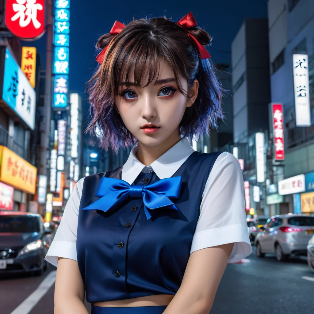 (8k, RAW photo, masterpiece:1.3), (realistic, photo-realistic:1.37), (night), (looking at viewer:1.331), (bloody hair), posing, Tokyo street, nightcityscape, cyberpunk city, soft light, 1girl, extremely beautiful face, bust, put down hands, Random hairstyle, Random expression, big eyes, lower abdomen, (short-sleeved .JK_shirt), JK_style, (dark blue short JK_skirt), (bow JK_tie), mix4., best quality