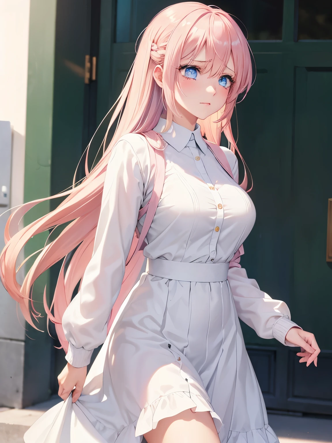 1woman,blue eyes, Walking, looking away,Sad expression, crying, tears coming out,  Beautiful makeup, long eyelashes,early in the morning,stunning,half body photo, very detailed face,cute,,HD face, perfect face,Short white dress, pink cardigan,very big breasts,Blonde hair,blonde hair,bangs,long hair, straight hair,ultra detail,ultra Hd, masterpiece,4k