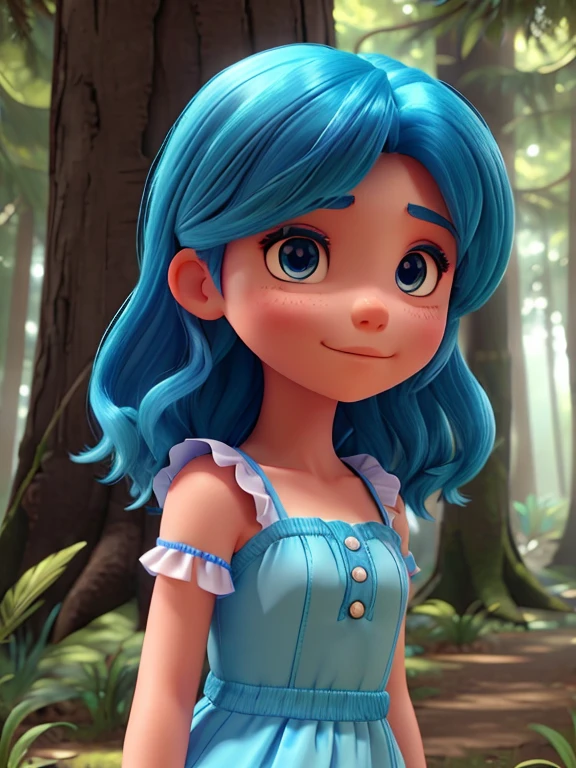 Haz a emocioncita con cabello azul muy corto azul , and blue dress in the magical forest