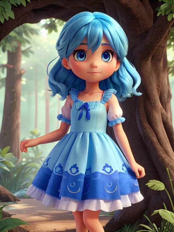Haz a emocioncita con cabello azul muy corto azul , and blue dress in the magical forest