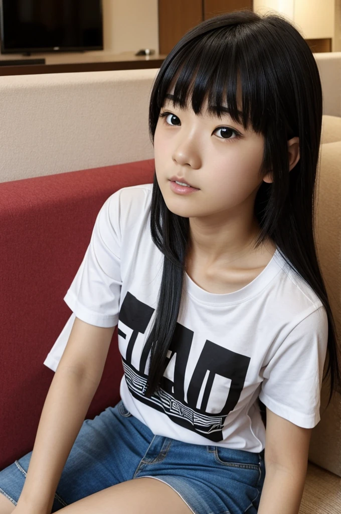 ollarbone,black t-shirt,off-shoulder look,Black and pink checkered short skirt,open mouth,tongue out,lick,Sitting on a black sofa,looking ahead,from above,flont view,face focus,(1girl,Beautiful 16 year old girl),((Slender,Small breasts,Small face,)),looking at viewer,Black Hair,bangs,straight,Beautiful and detailed,Mischievous smile,Dimly lit room,Simple Background,Black background,Low lighting

