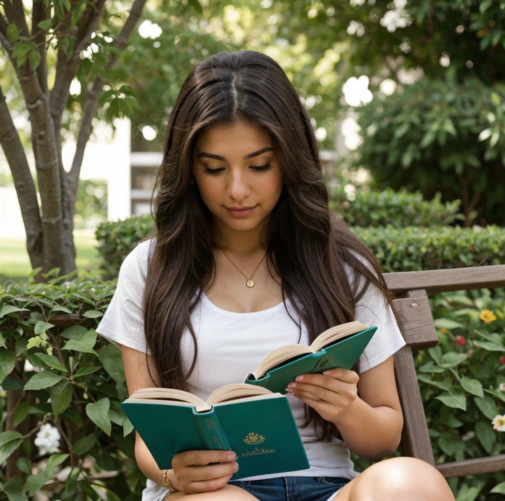 Long-haired Latina reading a book outside