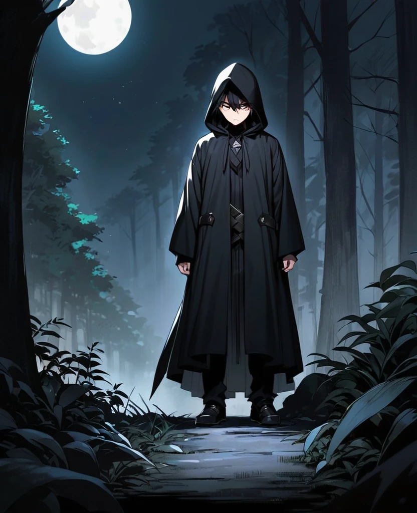((((Dark and moody, 1 boy), (black hair), (hood up), (black hood, dark mask:0.8), ((full body), dark clothes, contrast with black)), (background), moon:0.7, (trees, nighttime, forest:0.9), (midnight blue sky), ((highlighted by stars)), (standing), looking down, (( serious expression)), (wispy fog), mystery, stealth, umbranox, assassin, dark, mysterious:1.0)